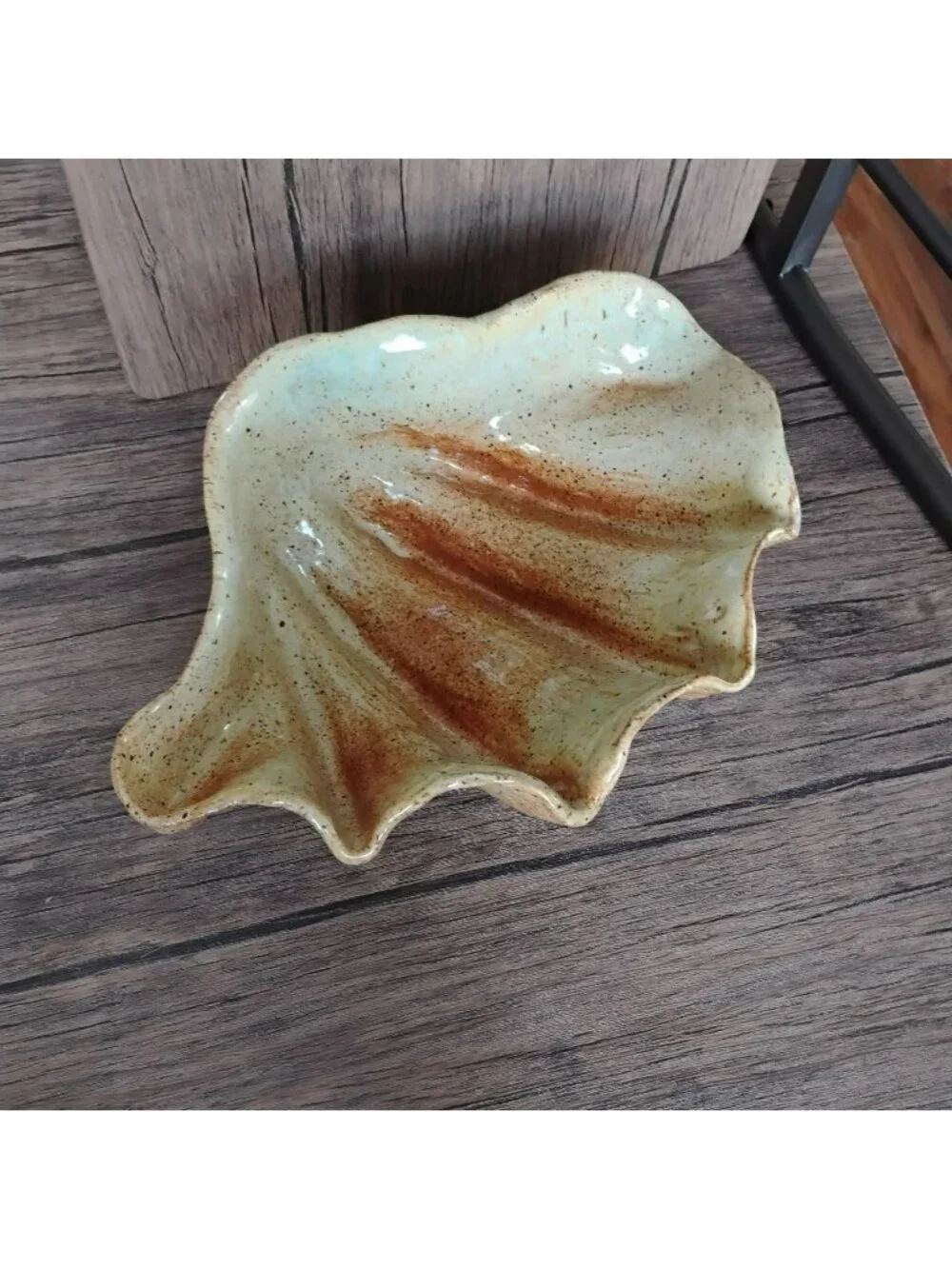 Handmade Ceramic Ruffled Clam Shell Shaped Bowl w Rustic Glaze 14